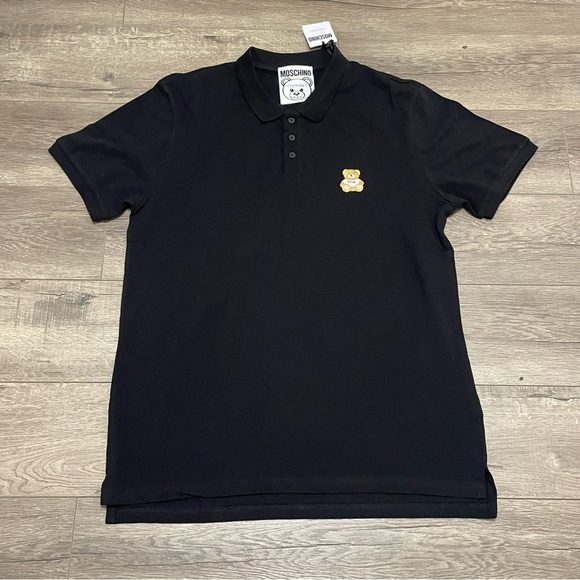 Moschino Couture Men's Teddy Bear Patch Polo Shirt Black Short Sleeve Sz 42 NWT - Picture 2 of 11